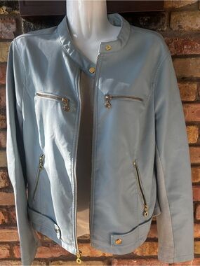 Marc New York Light Blue Faux Leather Zip  Motorcycle Jacket w/Gold Hardware